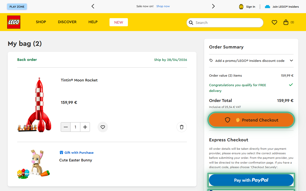 LEGO cart with Pretend Checkout button