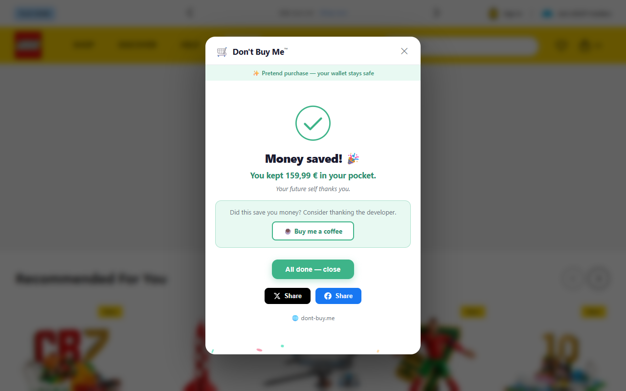 Money saved confirmation screen